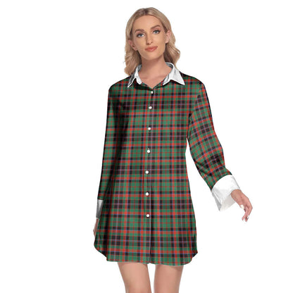 Cumming Hunting Ancient Tartan Plaid Lapel Shirt Dress Long Sleeve