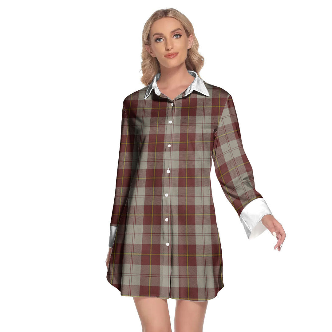 Cunningham Burgundy Dancers Tartan Plaid Lapel Shirt Dress Long Sleeve