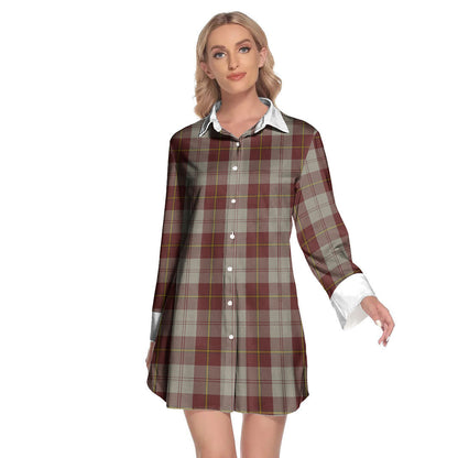 Cunningham Burgundy Dancers Tartan Plaid Lapel Shirt Dress Long Sleeve