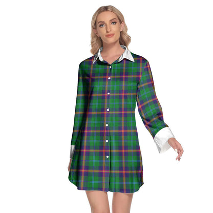 Young Modern Tartan Plaid Lapel Shirt Dress Long Sleeve