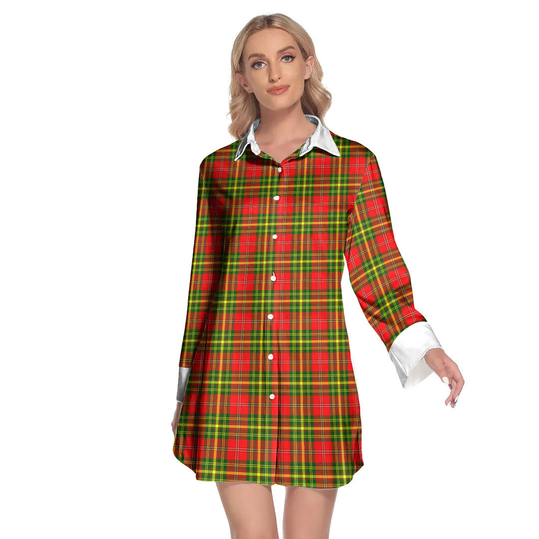 Leask Tartan Plaid Lapel Shirt Dress Long Sleeve