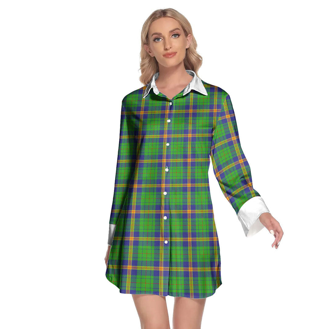 New Mexico Tartan Plaid Lapel Shirt Dress Long Sleeve