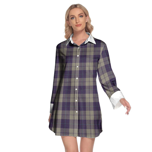 Cunningham Dress Blue Dancers Tartan Plaid Lapel Shirt Dress Long Sleeve