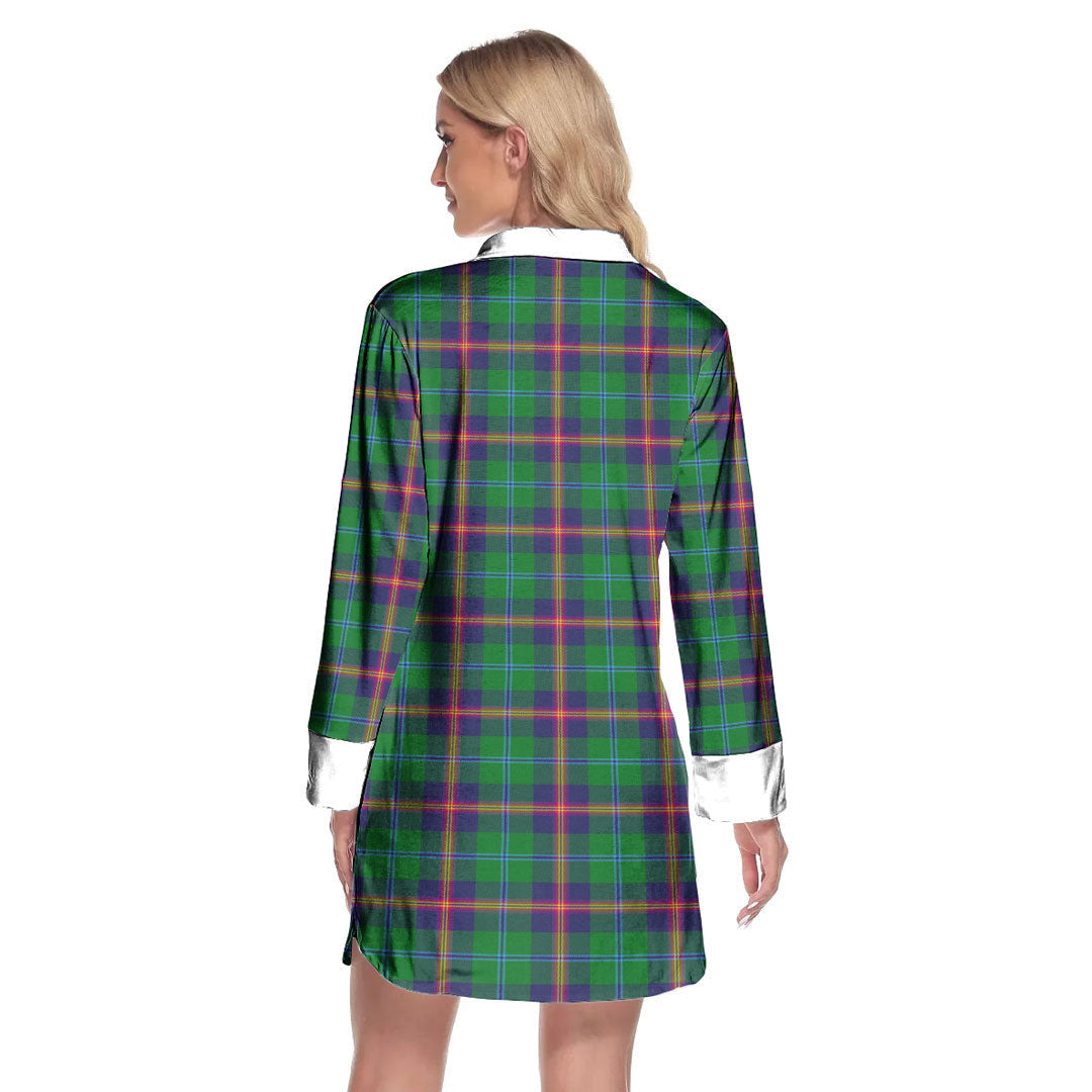 Young Modern Tartan Plaid Lapel Shirt Dress Long Sleeve