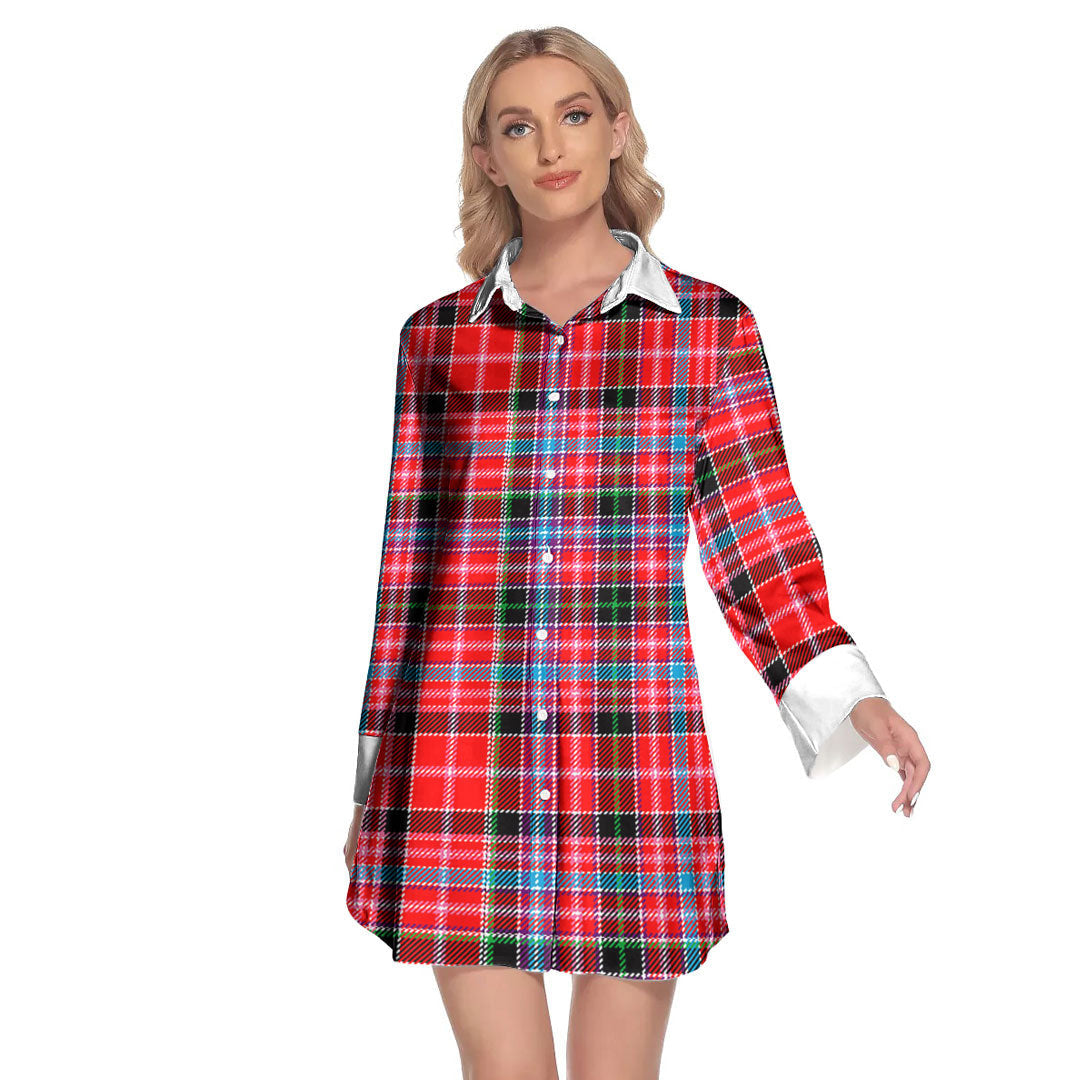 Aberdeen District Tartan Plaid Lapel Shirt Dress Long Sleeve