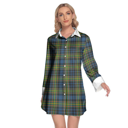 MacLellan Ancient Tartan Plaid Lapel Shirt Dress Long Sleeve