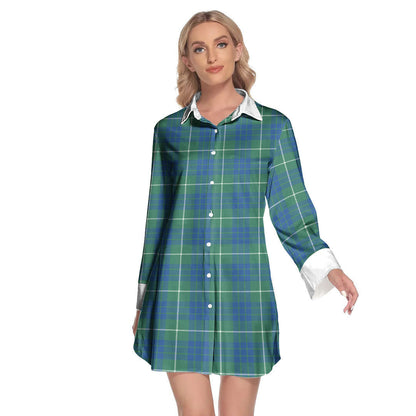 Hamilton Hunting Ancient Tartan Plaid Lapel Shirt Dress Long Sleeve