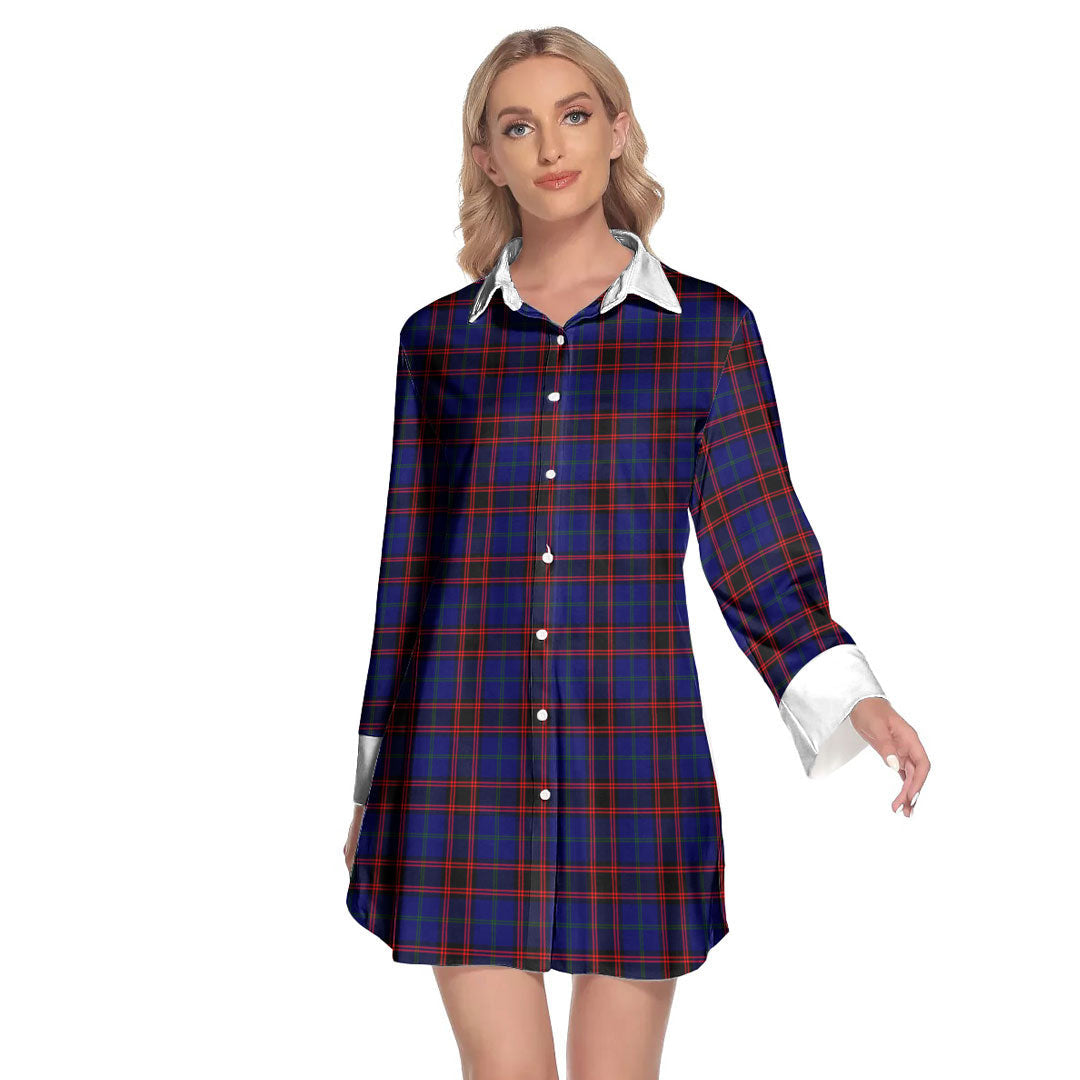 Home Modern Tartan Plaid Lapel Shirt Dress Long Sleeve