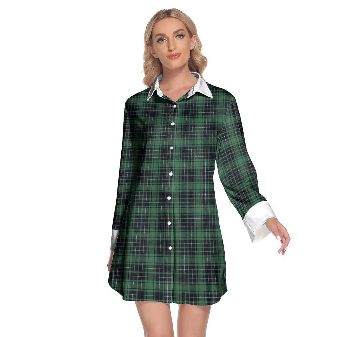 MacAulay Hunting Ancient Tartan Plaid Lapel Shirt Dress Long Sleeve