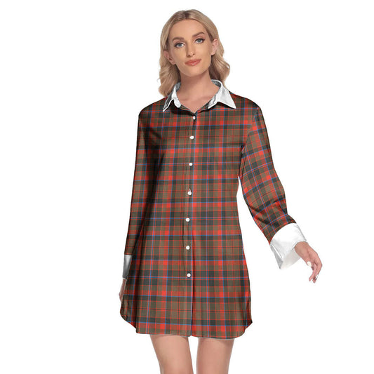 Cumming Hunting Weathered Tartan Plaid Lapel Shirt Dress Long Sleeve