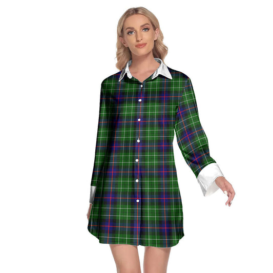 Leslie Hunting Tartan Plaid Lapel Shirt Dress Long Sleeve