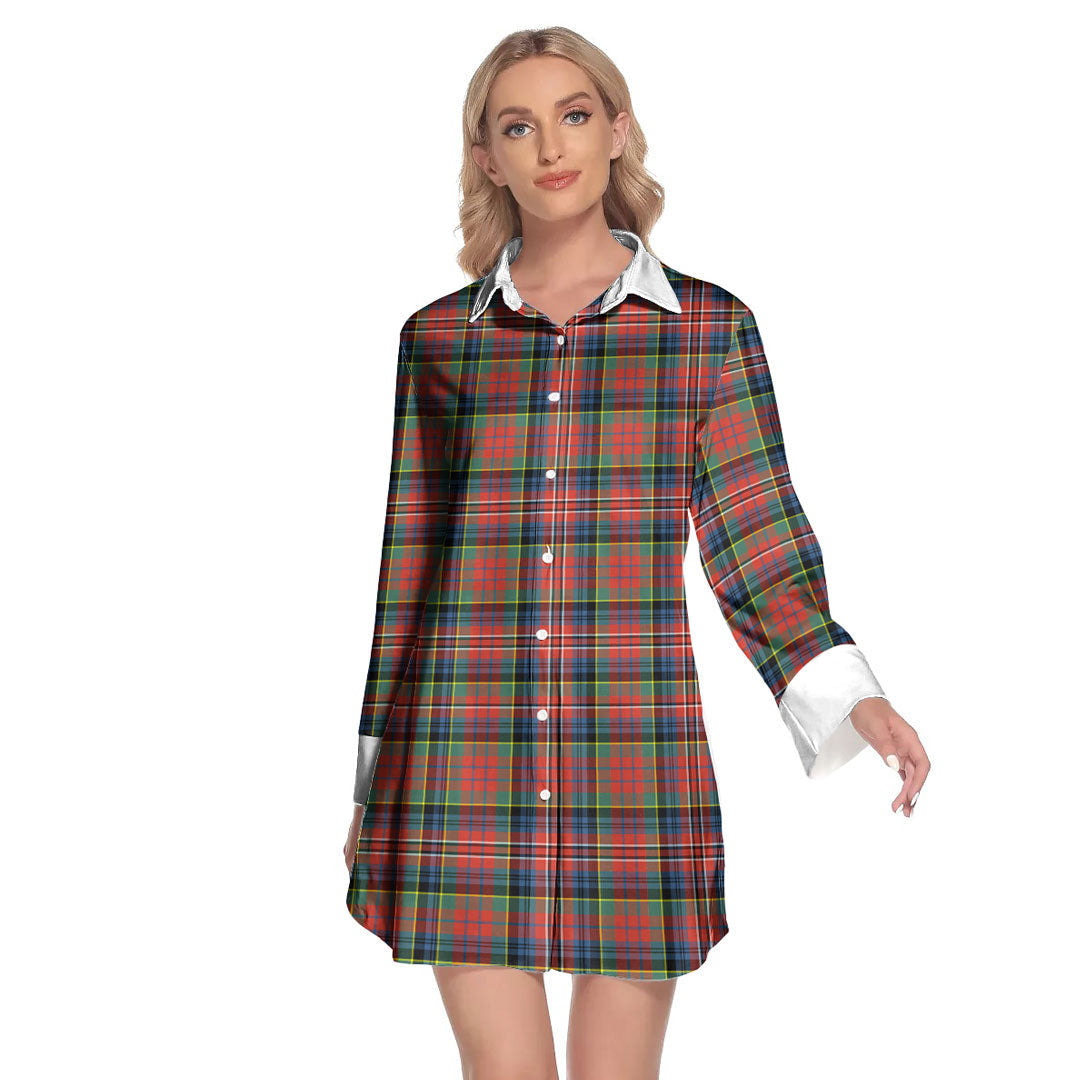 MacPherson Ancient Tartan Plaid Lapel Shirt Dress Long Sleeve