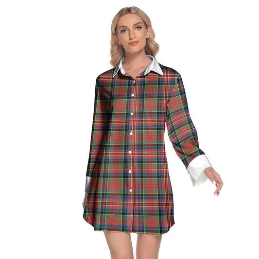 MacPherson Ancient Tartan Plaid Lapel Shirt Dress Long Sleeve