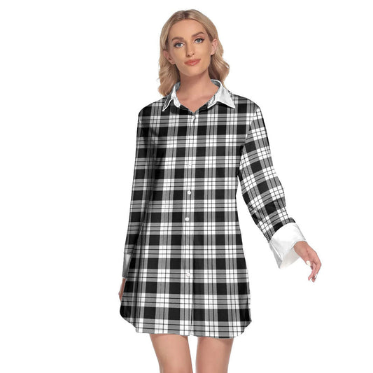 MacFarlane Black White Tartan Plaid Lapel Shirt Dress Long Sleeve