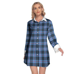 MacKay Blue Tartan Plaid Lapel Shirt Dress Long Sleeve