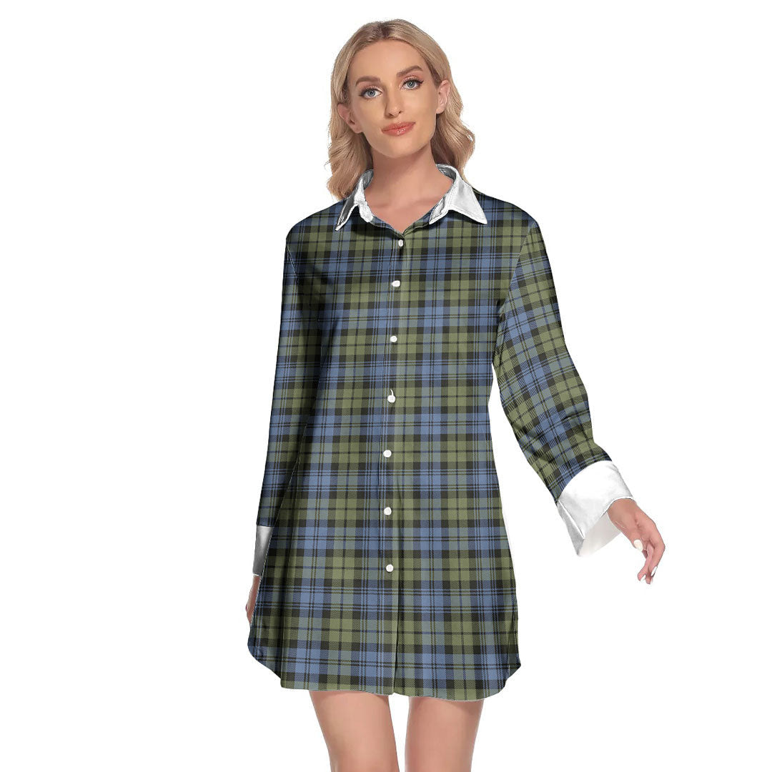 Campbell Faded Tartan Plaid Lapel Shirt Dress Long Sleeve