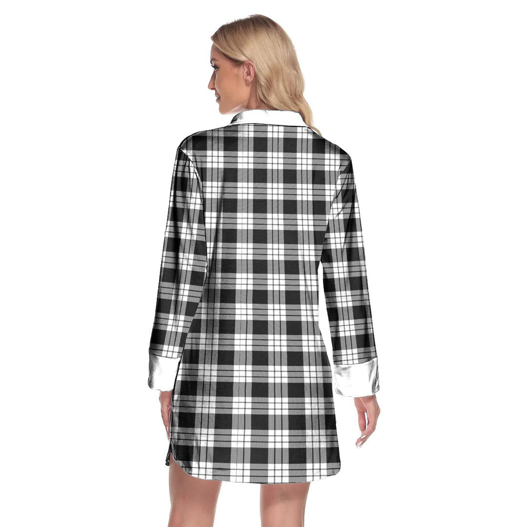 MacFarlane Black White Tartan Plaid Lapel Shirt Dress Long Sleeve