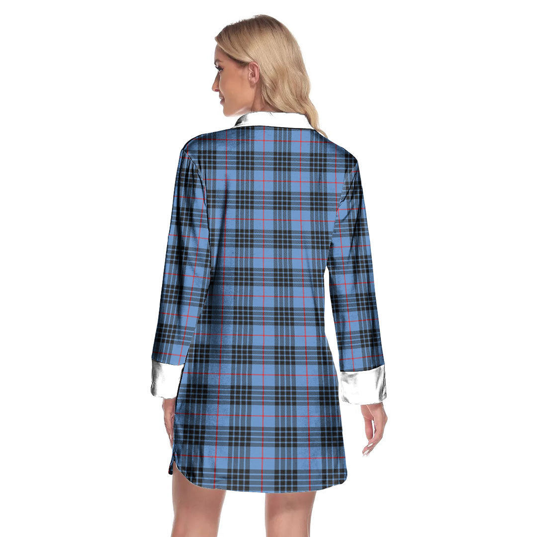 MacKay Blue Tartan Plaid Lapel Shirt Dress Long Sleeve