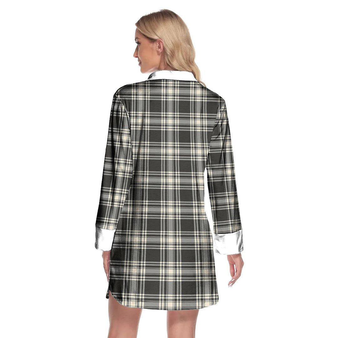 Menzies Black White Ancient Tartan Plaid Lapel Shirt Dress Long Sleeve