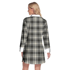Menzies Black White Ancient Tartan Plaid Lapel Shirt Dress Long Sleeve