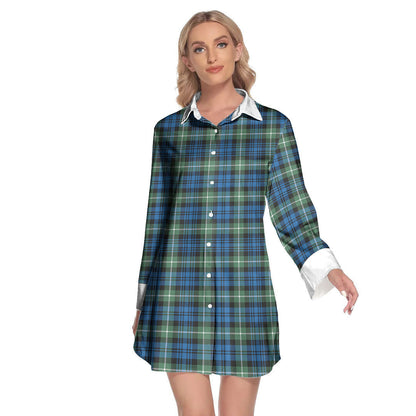 Lamont Ancient Tartan Plaid Lapel Shirt Dress Long Sleeve