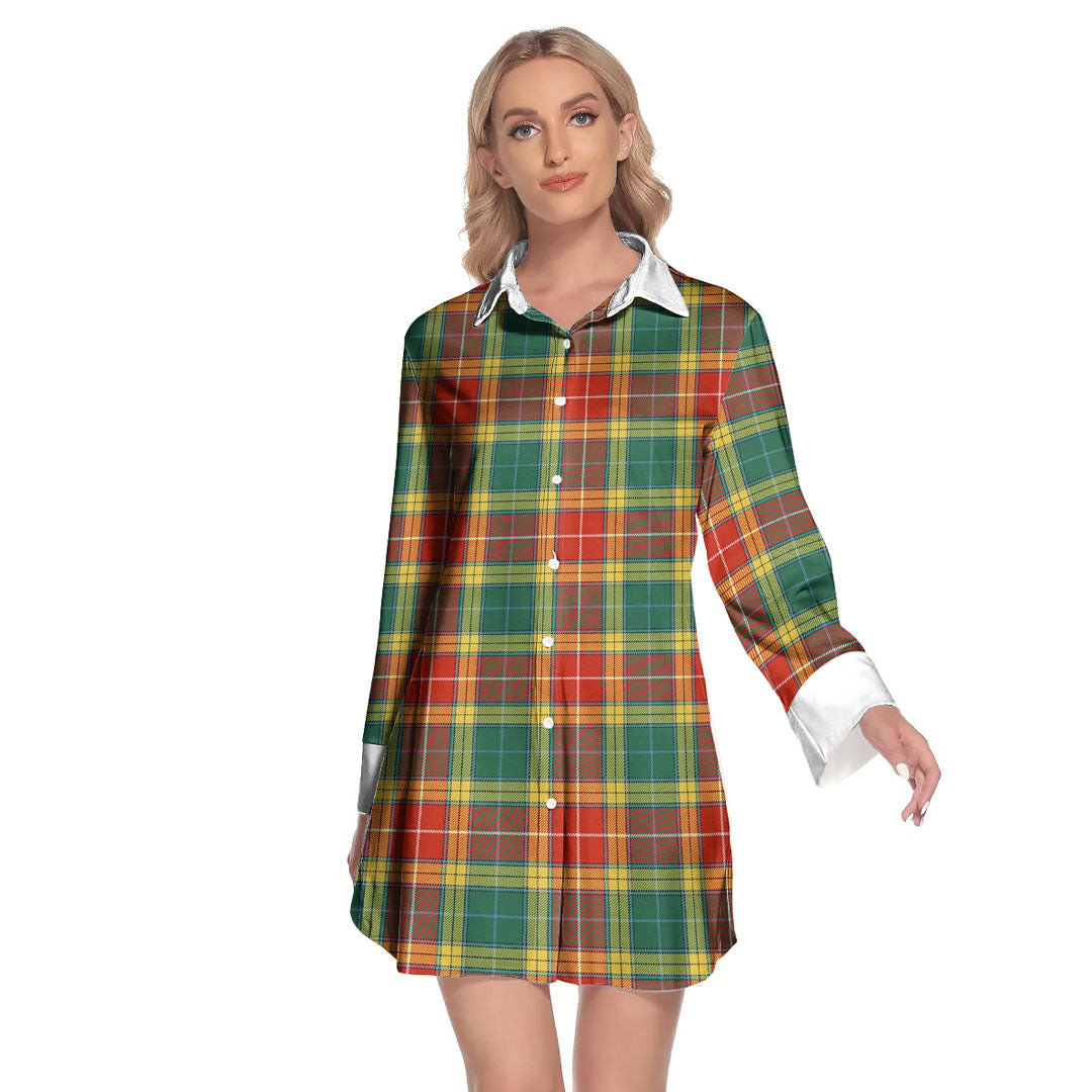 Buchanan Old Sett Tartan Plaid Lapel Shirt Dress Long Sleeve