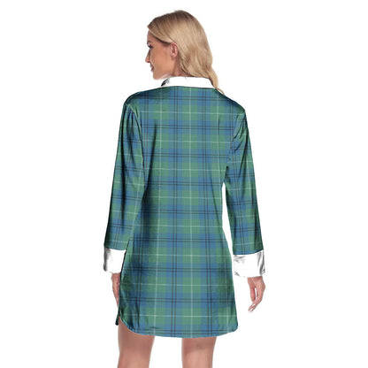 Oliphant Ancient Tartan Plaid Lapel Shirt Dress Long Sleeve