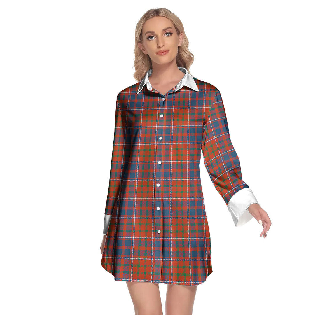 Cameron of Lochiel Ancient Tartan Plaid Lapel Shirt Dress Long Sleeve