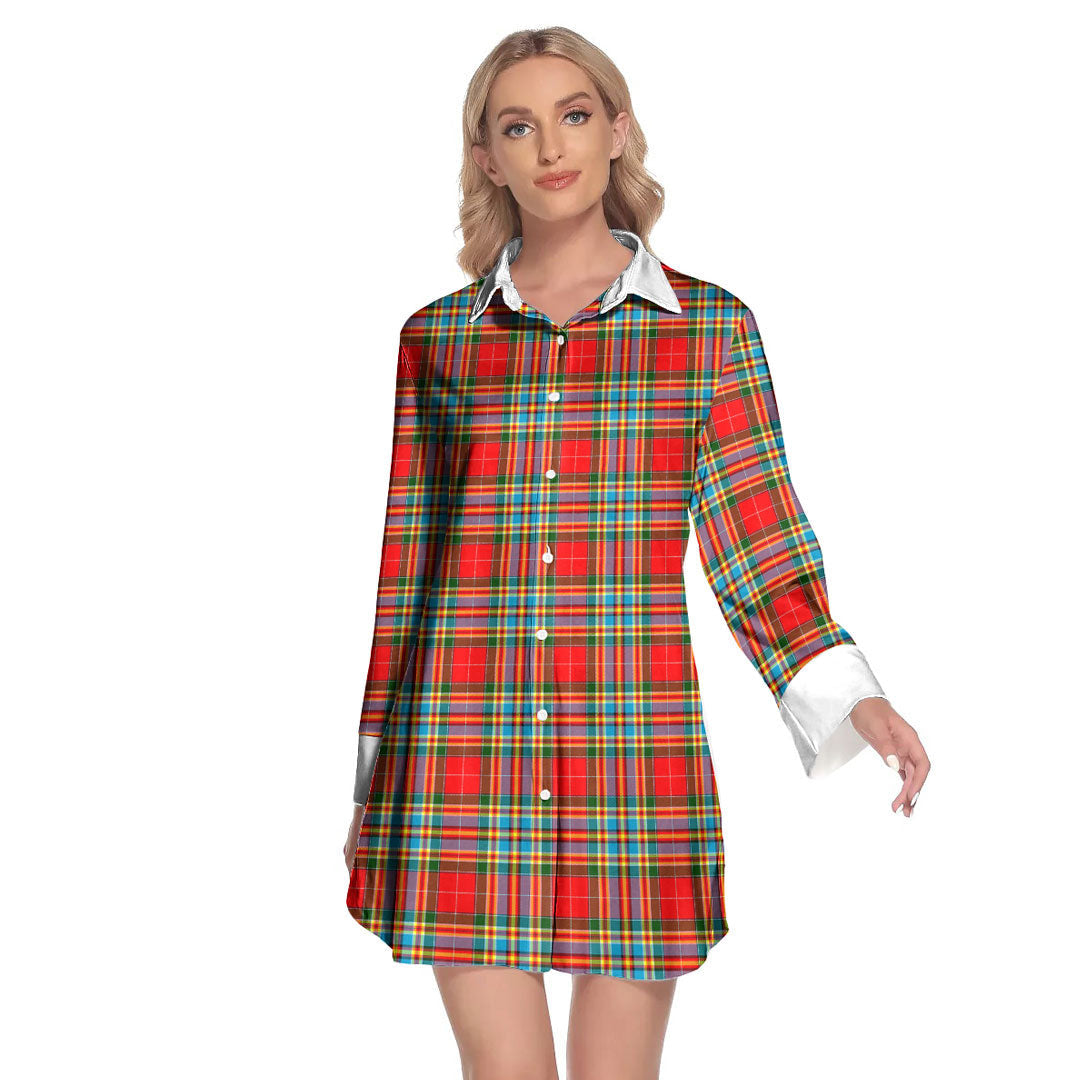 Chattan Tartan Plaid Lapel Shirt Dress Long Sleeve