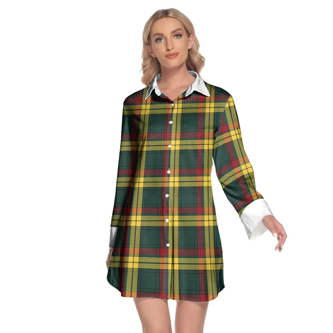 MacMillan Old Modern Tartan Plaid Lapel Shirt Dress Long Sleeve