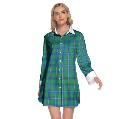 Irvine Ancient Tartan Plaid Lapel Shirt Dress Long Sleeve