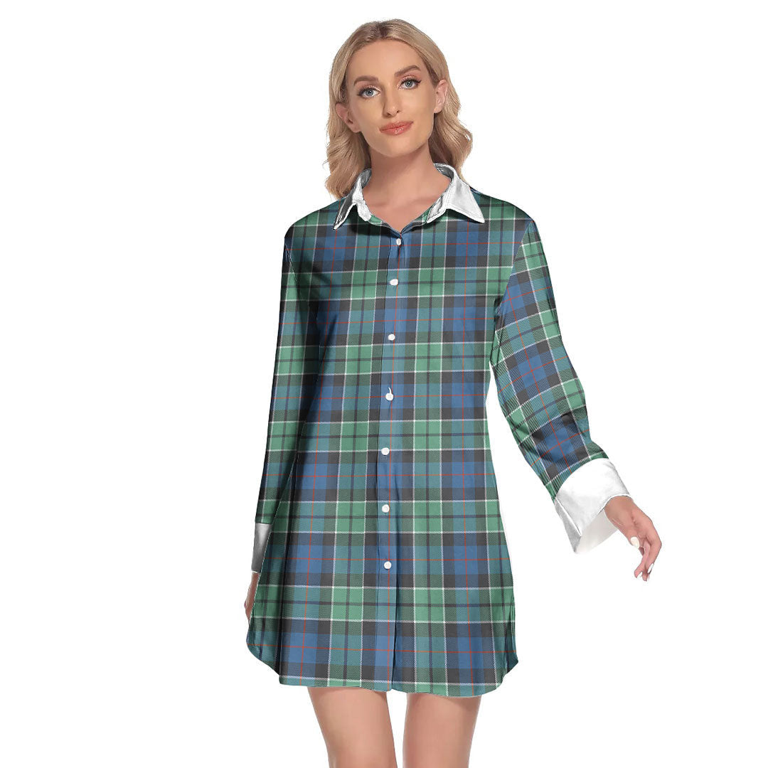 Leslie Hunting Ancient Tartan Plaid Lapel Shirt Dress Long Sleeve