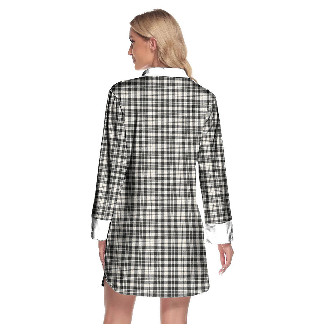 Scott Black White Ancient Tartan Plaid Lapel Shirt Dress Long Sleeve