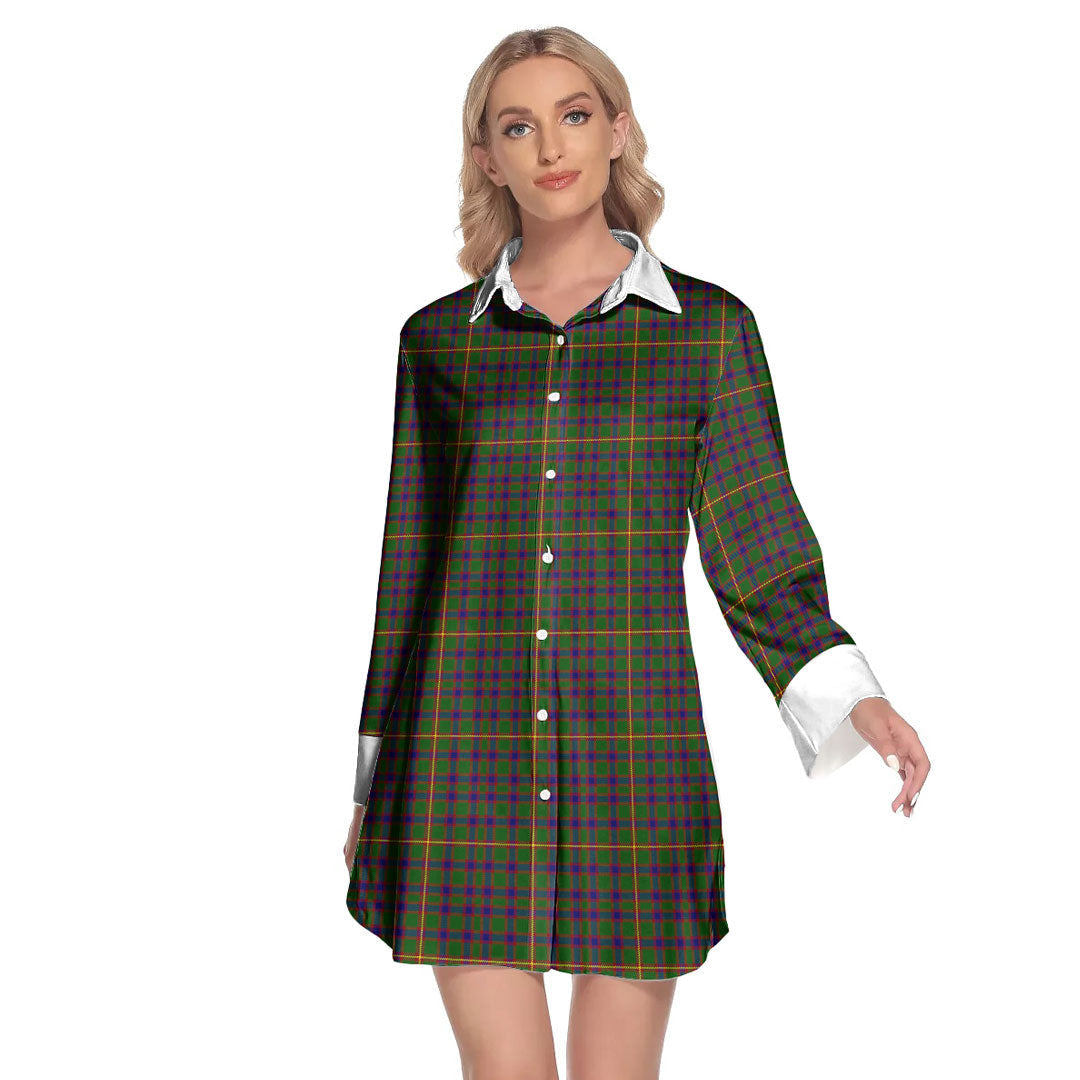 Hall Tartan Plaid Lapel Shirt Dress Long Sleeve