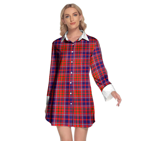 Cameron of Lochiel Modern Tartan Plaid Lapel Shirt Dress Long Sleeve