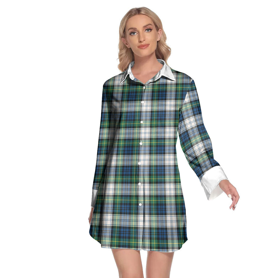 Gordon Dress Ancient Tartan Plaid Lapel Shirt Dress Long Sleeve