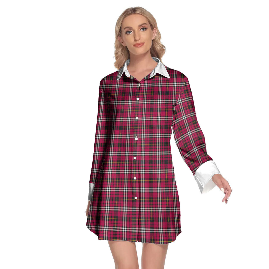 Little Tartan Plaid Lapel Shirt Dress Long Sleeve