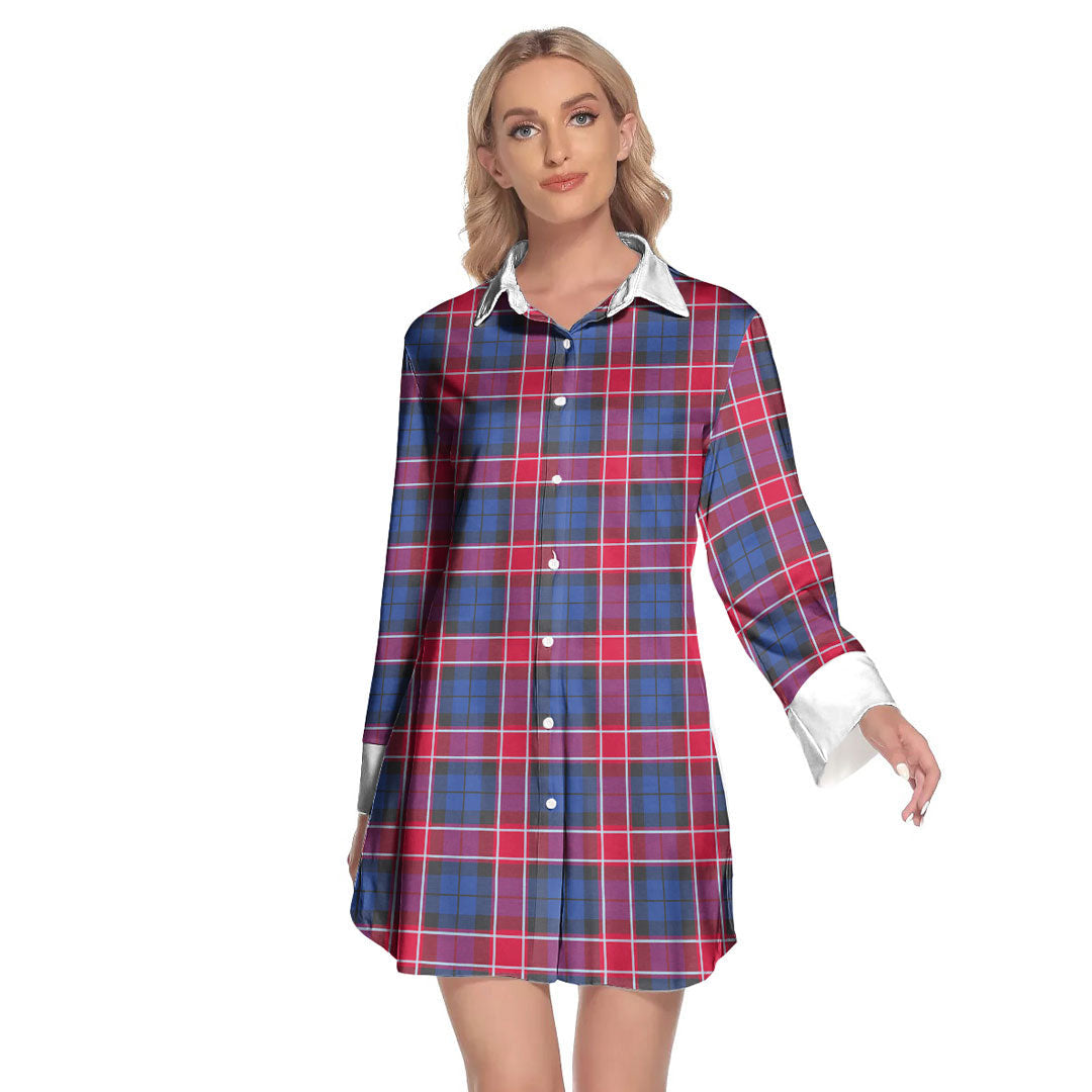 Graham of Menteith Red Tartan Plaid Lapel Shirt Dress Long Sleeve