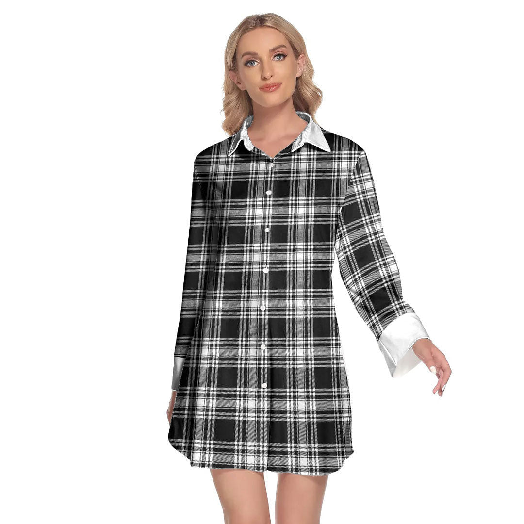 Menzies Black White Modern Tartan Plaid Lapel Shirt Dress Long Sleeve