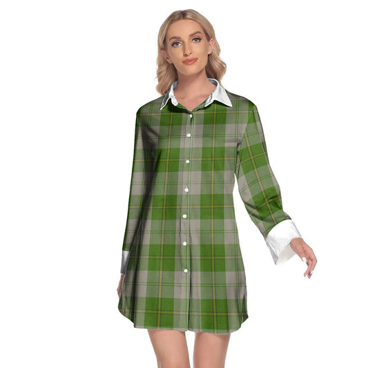 Cunningham Dress Green Dancers Tartan Plaid Lapel Shirt Dress Long Sleeve