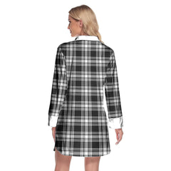 Menzies Black White Modern Tartan Plaid Lapel Shirt Dress Long Sleeve