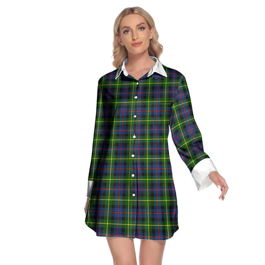 Farquharson Modern Tartan Plaid Lapel Shirt Dress Long Sleeve