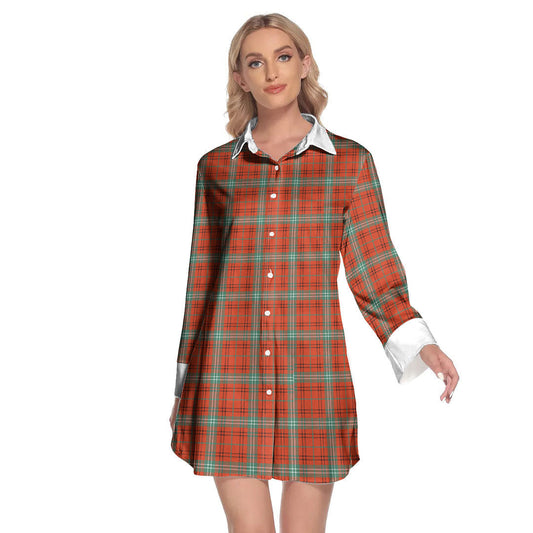 Morrison Red Ancient Tartan Plaid Lapel Shirt Dress Long Sleeve