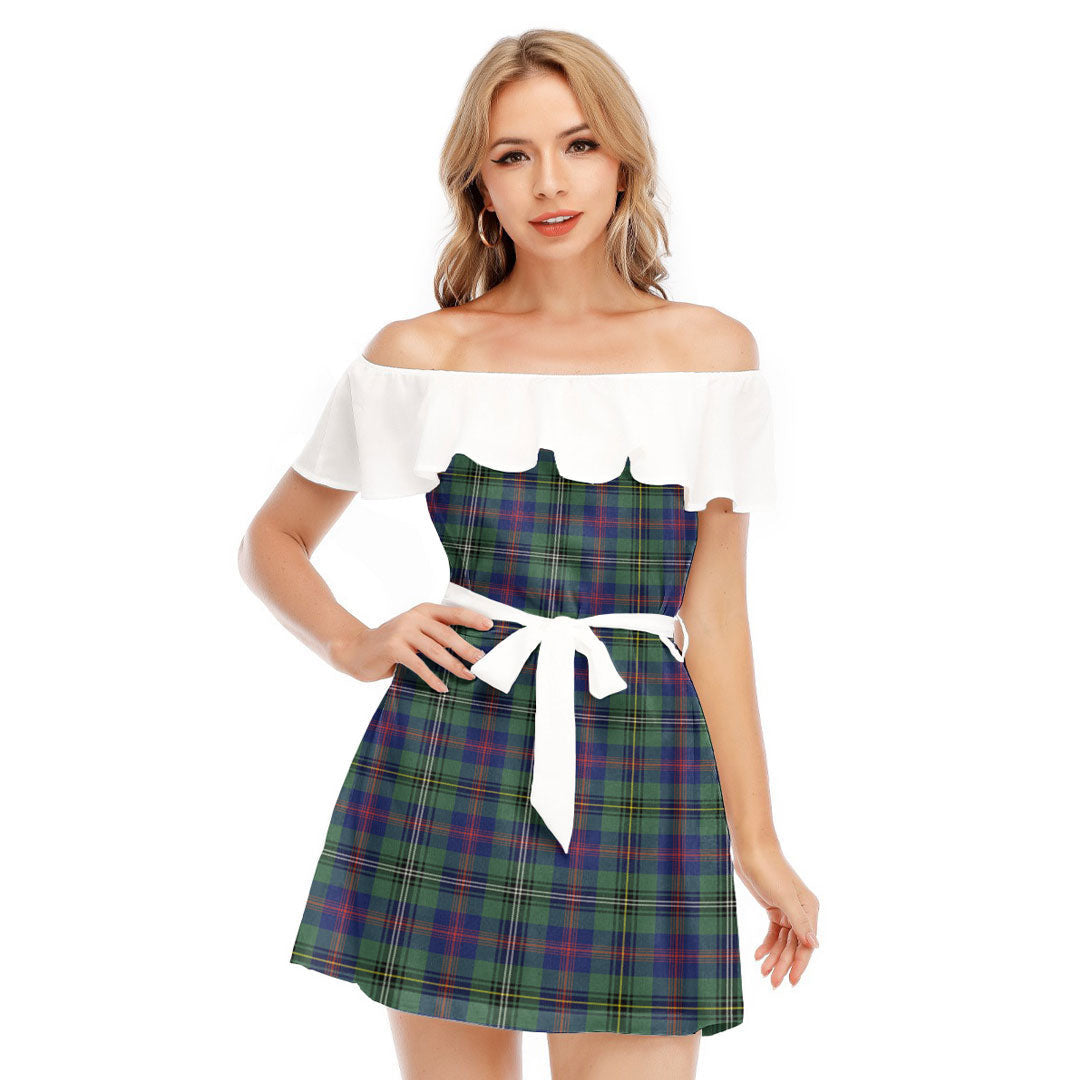 Wood Modern Tartan Plaid Off-shoulder Dress With Ruffle