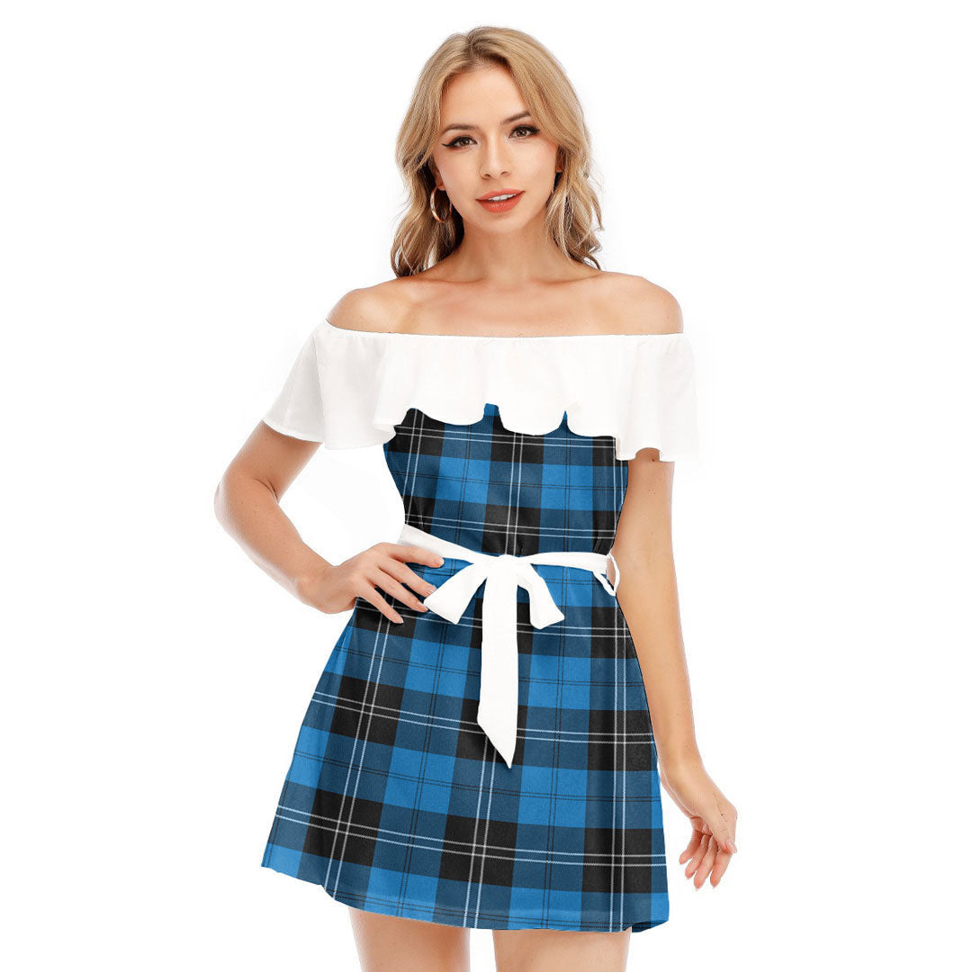 Ramsay Blue Ancient Tartan Plaid Off-shoulder Dress With Ruffle