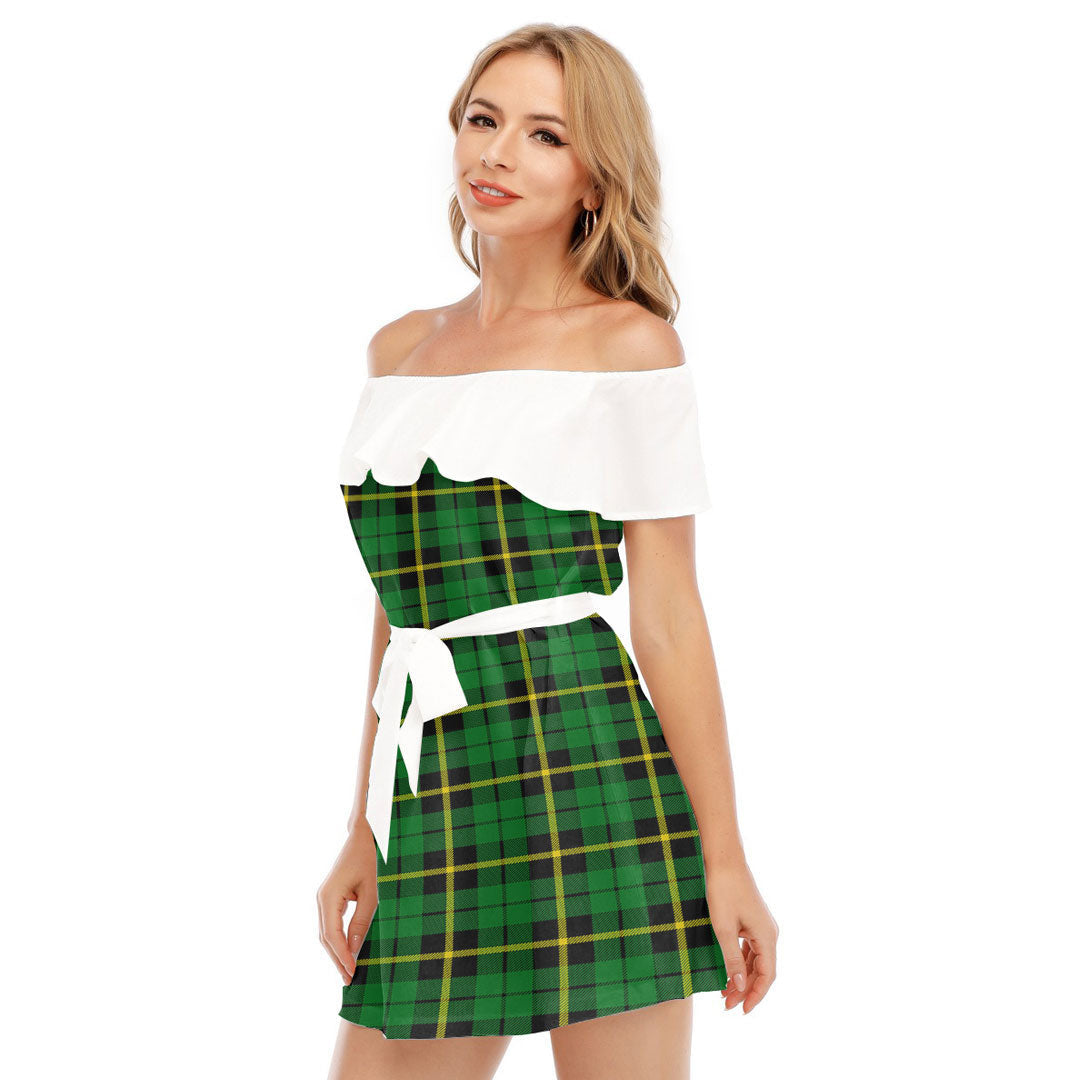 Wallace Hunting Green Tartan Plaid Off-shoulder Dress With Ruffle