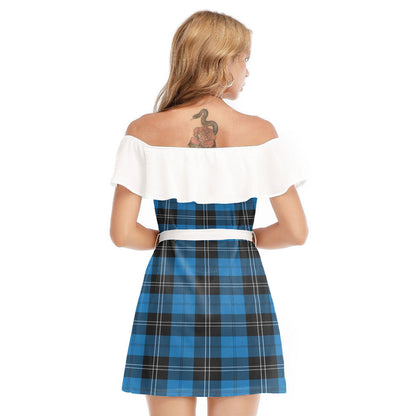 Ramsay Blue Ancient Tartan Plaid Off-shoulder Dress With Ruffle