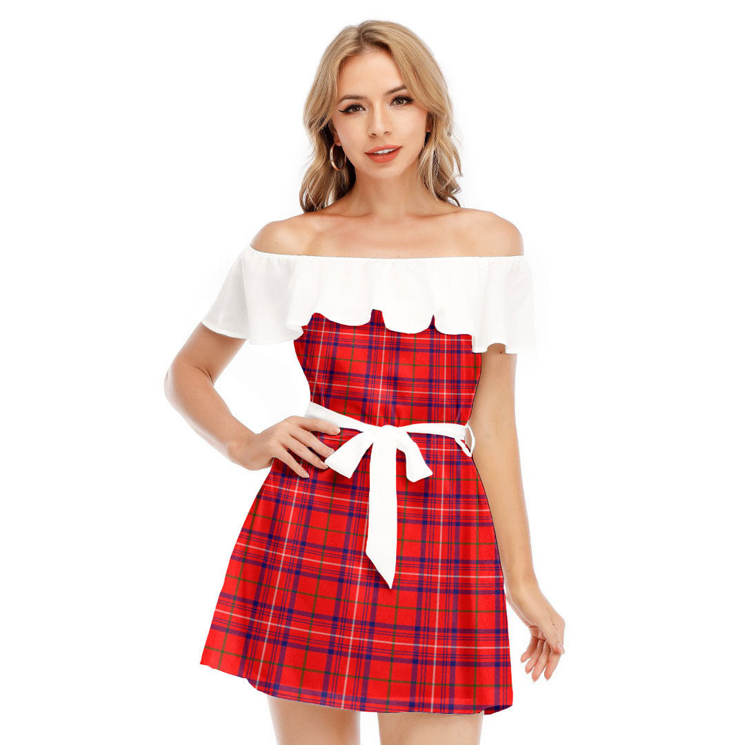 Rose Modern Tartan Plaid Off-shoulder Dress With Ruffle