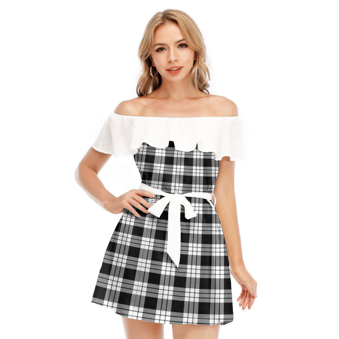 MacFarlane Black White Tartan Plaid Off-shoulder Dress With Ruffle