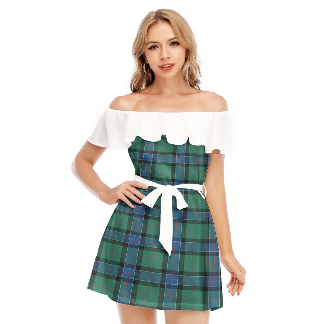 Sinclair Hunting Ancient Tartan Plaid Off-shoulder Dress With Ruffle